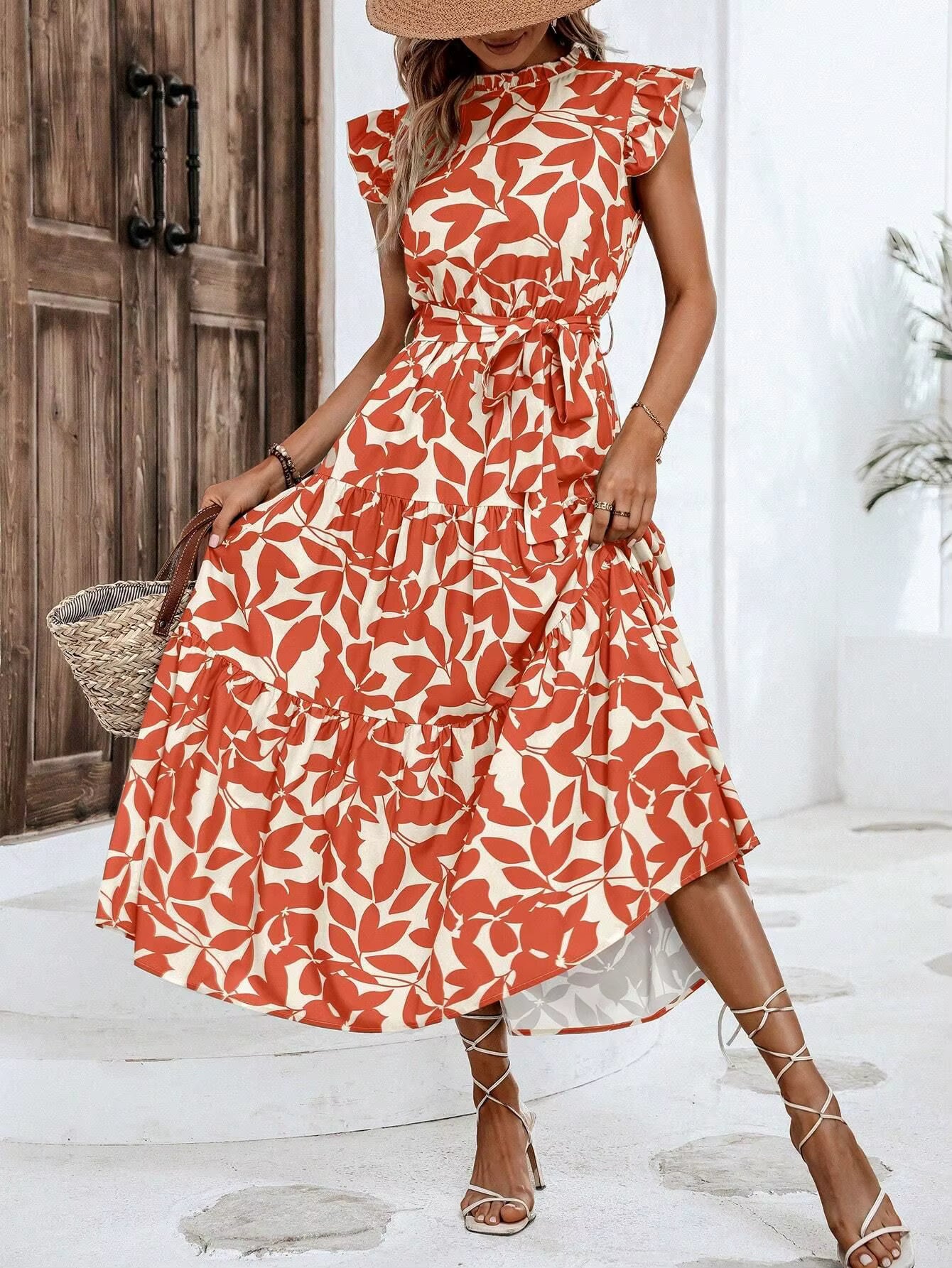 Casual Sashes Floral Print O-Neck Fly Sleeve Lace Up Midi Dresses