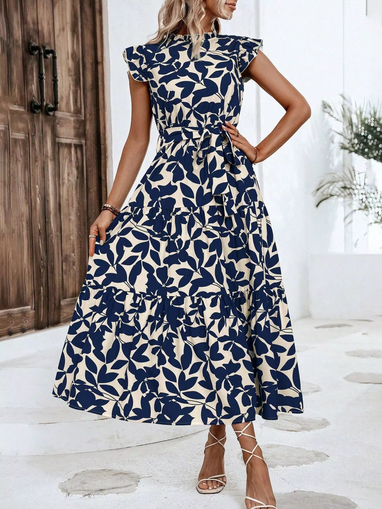 Casual Sashes Floral Print O-Neck Fly Sleeve Lace Up Midi Dresses
