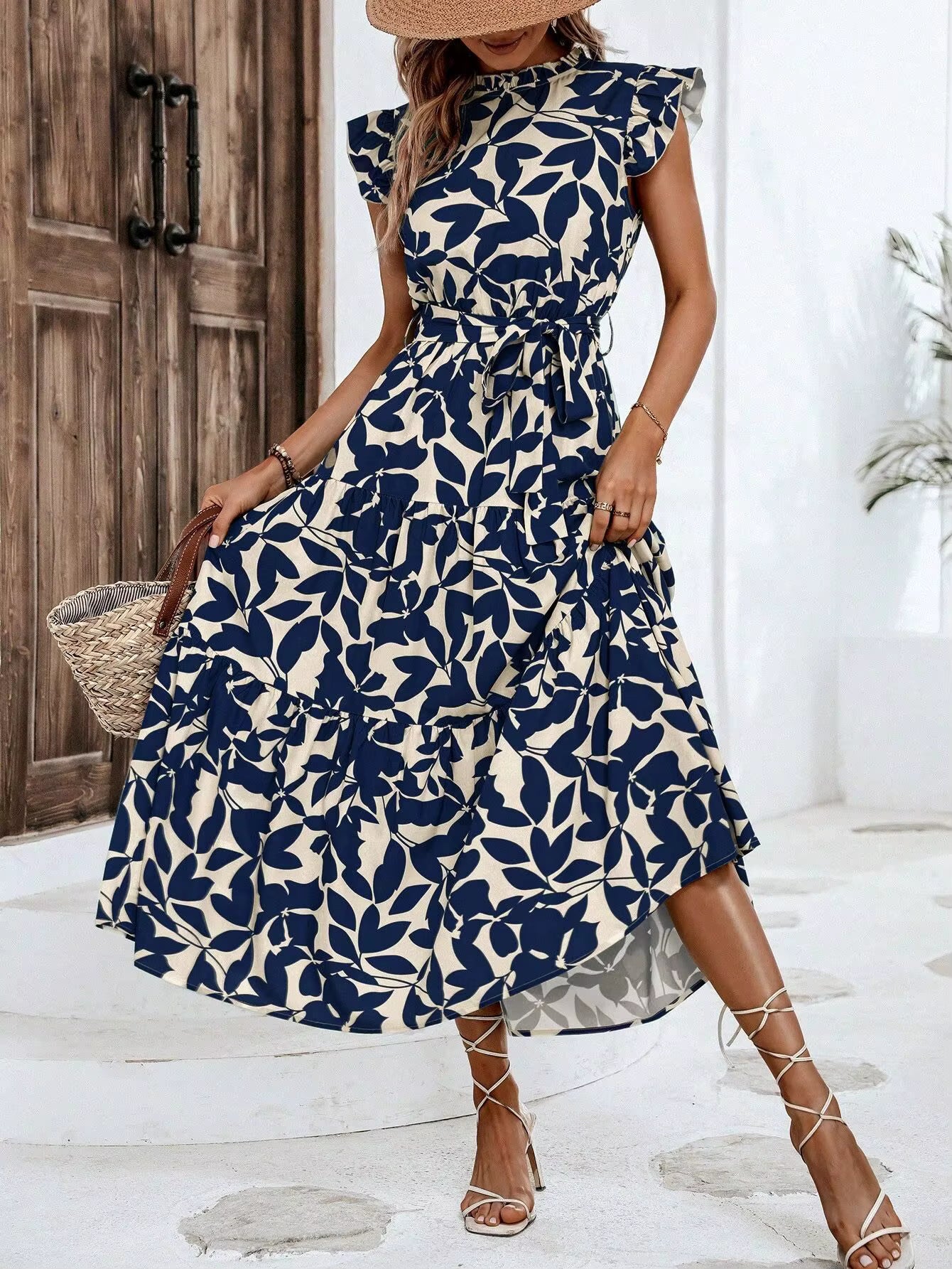 Casual Sashes Floral Print O-Neck Fly Sleeve Lace Up Midi Dresses
