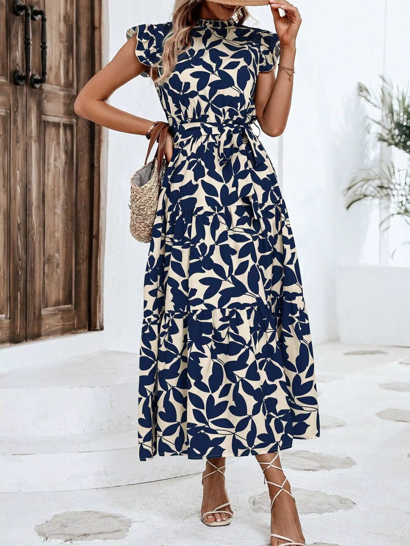 Casual Sashes Floral Print O-Neck Fly Sleeve Lace Up Midi Dresses