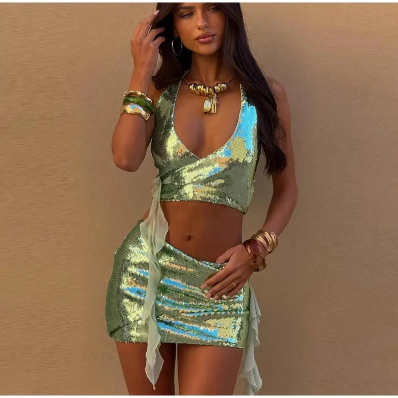 Casual Sequin  Deep V-neck Sleeveless Ribbon Crop Top Slim Hip Package Mini Skirt Two Piece Set