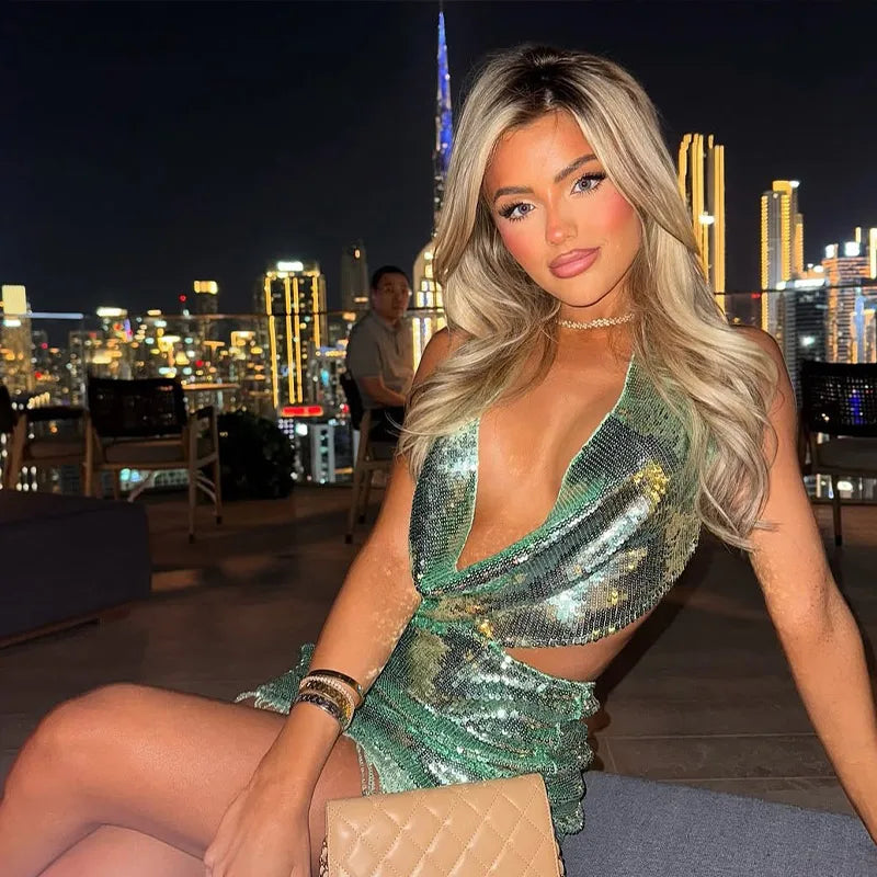 Casual Sequin  Deep V-neck Sleeveless Ribbon Crop Top Slim Hip Package Mini Skirt Two Piece Set