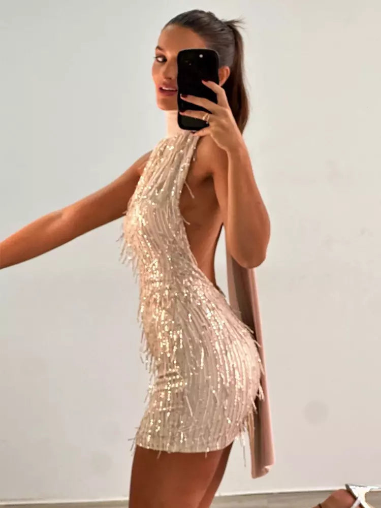 Casual Sequin Halter Solid Color Sparkly Sleeveless Mini Dress