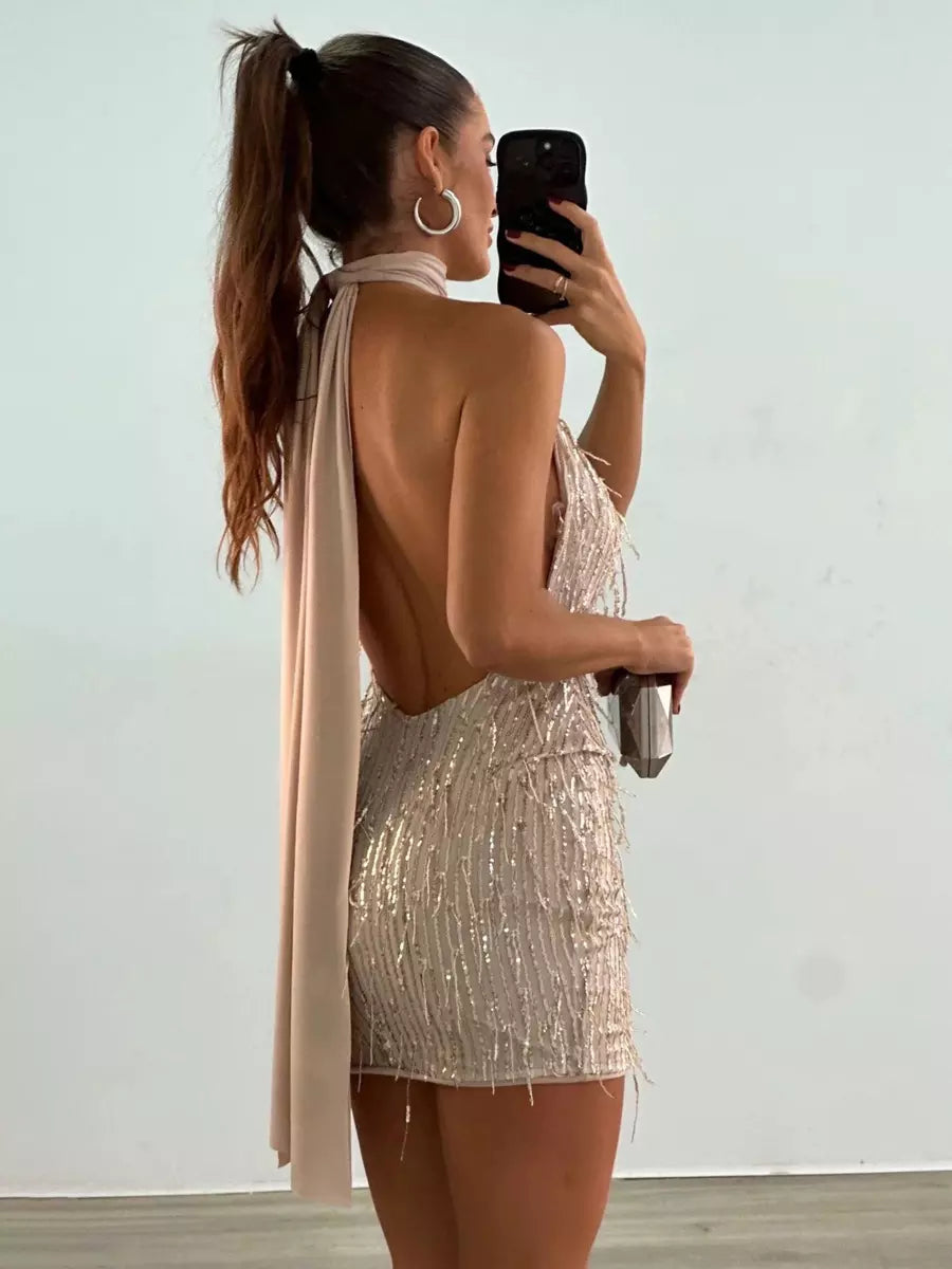 Casual Sequin Halter Solid Color Sparkly Sleeveless Mini Dress