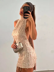 Casual Sequin Halter Solid Color Sparkly Sleeveless Mini Dress