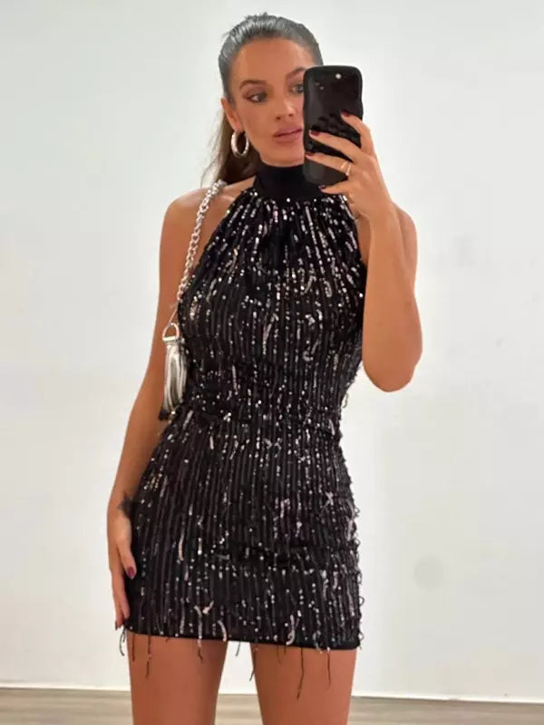 Casual Sequin Halter Solid Color Sparkly Sleeveless Mini Dress