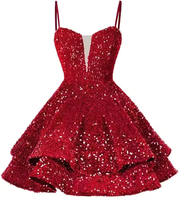 Casual Sequin V-neck Homecoming With Teens Ruffles Backless Lace-up Cocktail Party Sparkly Evening Mini Gown