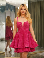 Casual Sequin V-neck Homecoming With Teens Ruffles Backless Lace-up Cocktail Party Sparkly Evening Mini Gown