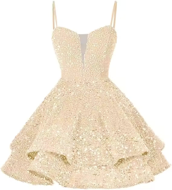 Casual Sequin V-neck Homecoming With Teens Ruffles Backless Lace-up Cocktail Party Sparkly Evening Mini Gown
