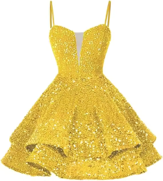 Casual Sequin V-neck Homecoming With Teens Ruffles Backless Lace-up Cocktail Party Sparkly Evening Mini Gown