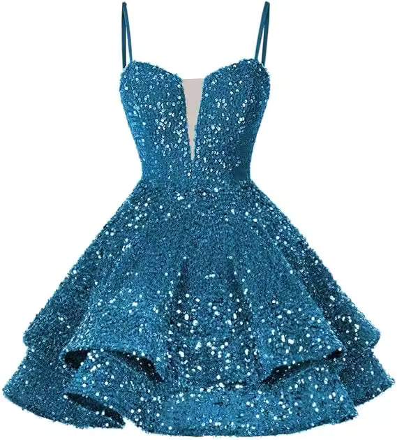Casual Sequin V-neck Homecoming With Teens Ruffles Backless Lace-up Cocktail Party Sparkly Evening Mini Gown