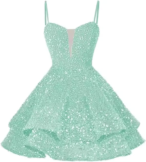 Casual Sequin V-neck Homecoming With Teens Ruffles Backless Lace-up Cocktail Party Sparkly Evening Mini Gown
