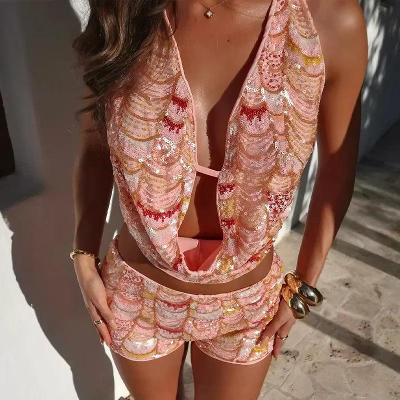 Casual Sequined Shiny Contrast Halter Backless Crop Top Slim Beach Shorts Two Piece Set