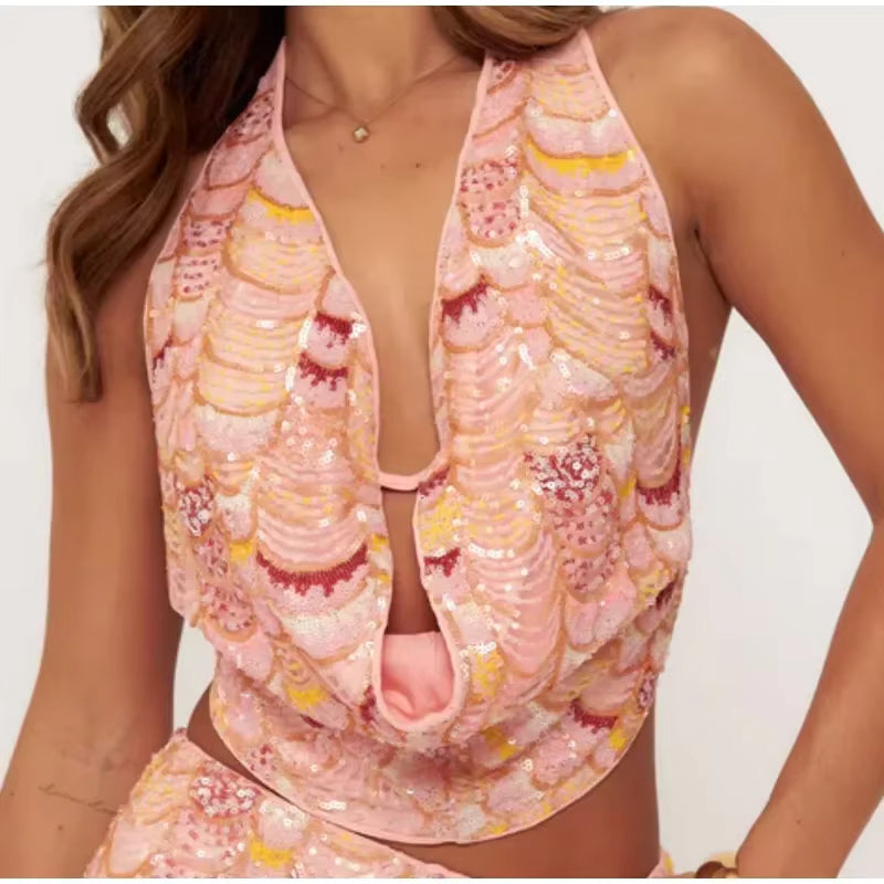 Casual Sequined Shiny Contrast Halter Backless Crop Top Slim Beach Shorts Two Piece Set