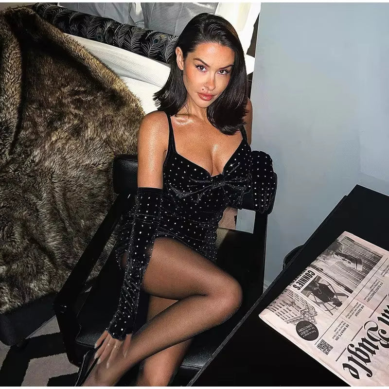 Casual Sequined V-neck Sleeve Backless Wrap Hip Zipper Short Dresses