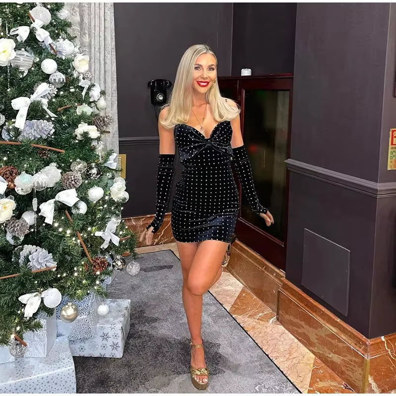 Casual Sequined V-neck Sleeve Backless Wrap Hip Zipper Short Dresses