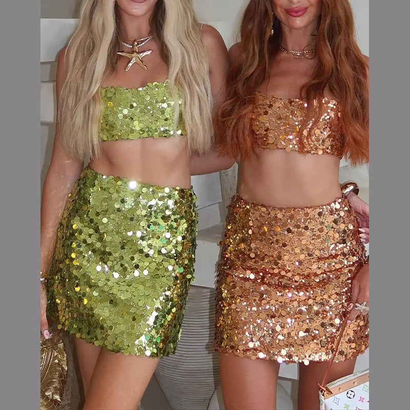 Casual Sequins Sling Sleeveless Backless Crop Top High Waist Hip  Mini Skirts