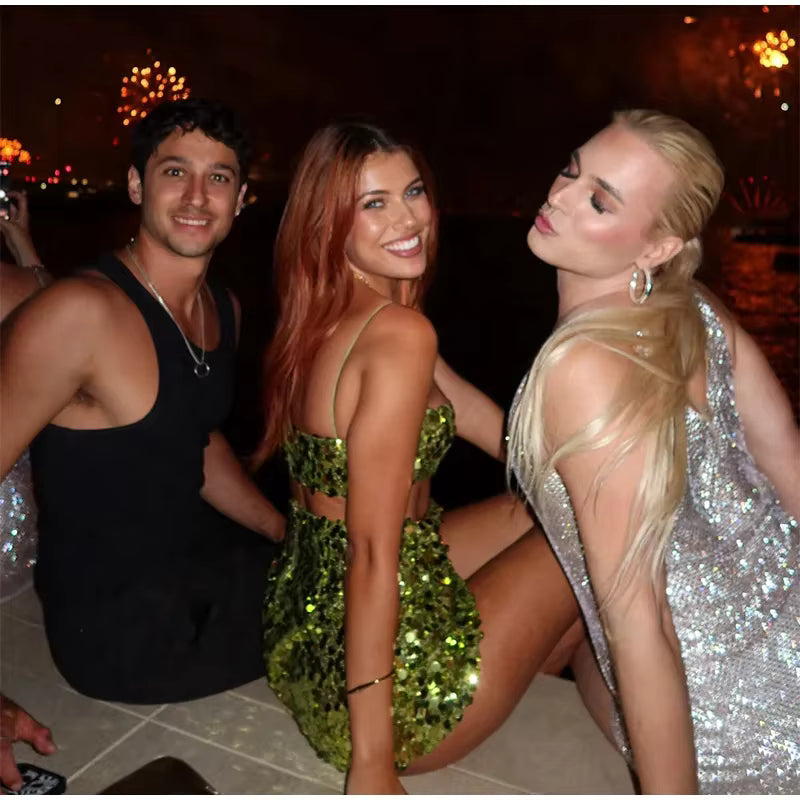 Casual Sequins Sling Sleeveless Backless Crop Top High Waist Hip  Mini Skirts