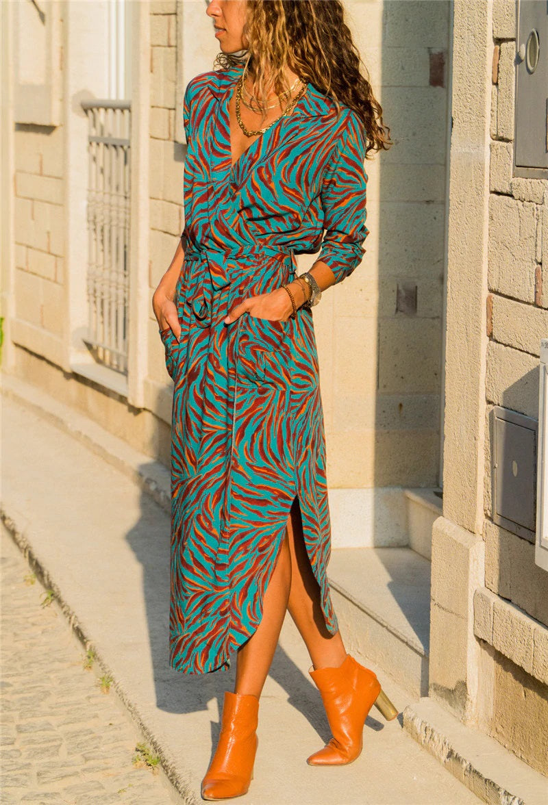 Casual Long Striped Print Dress Shirt With Pockets