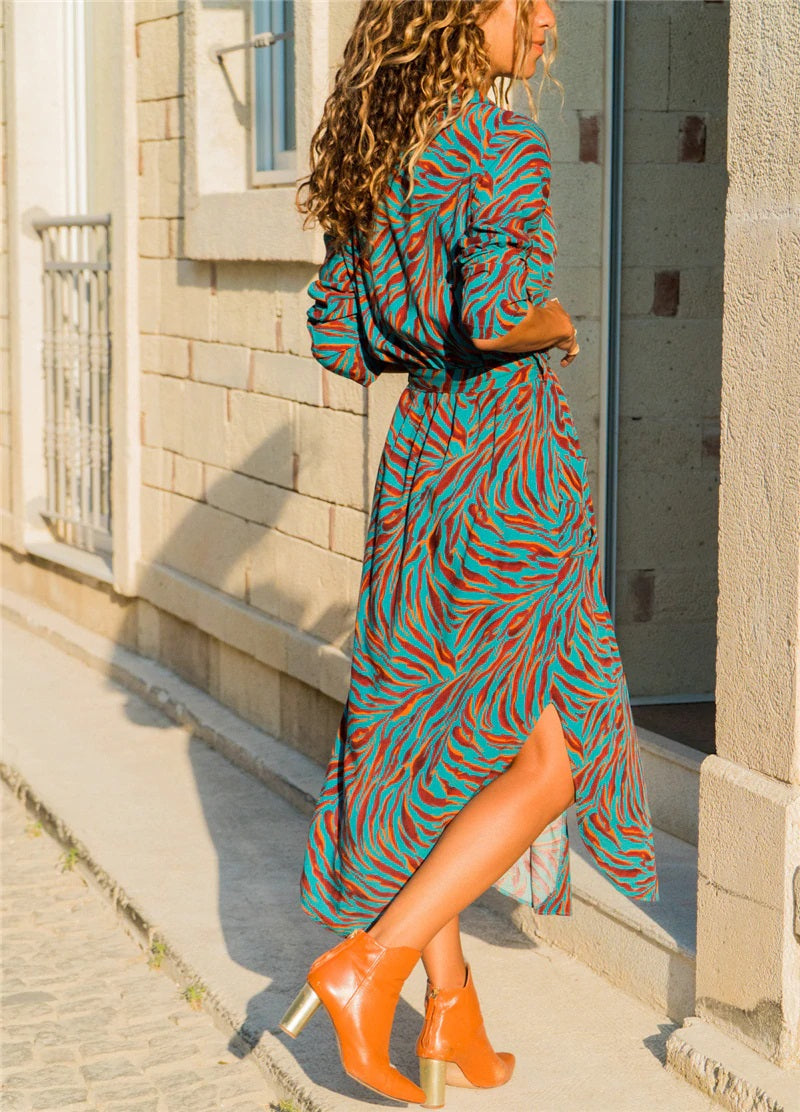 Casual Long Striped Print Dress Shirt With Pockets