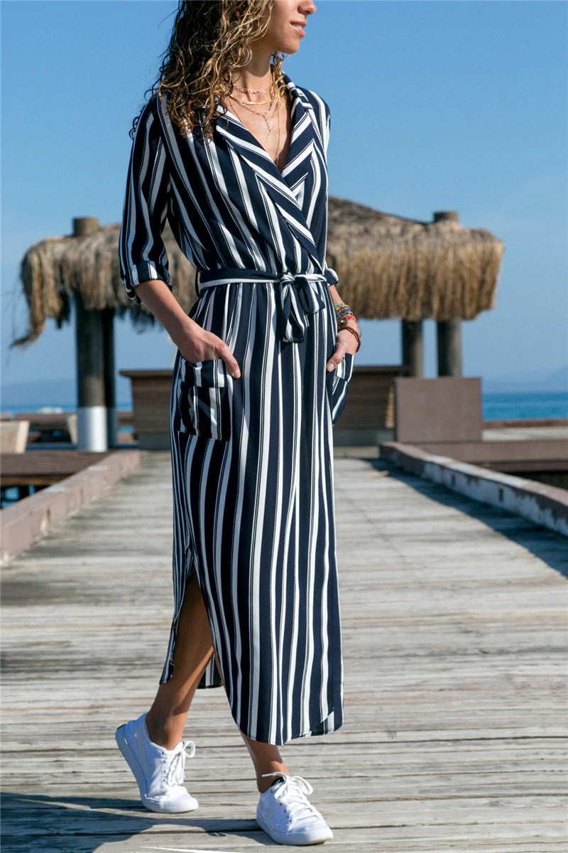 Casual Long Striped Print Dress Shirt With Pockets