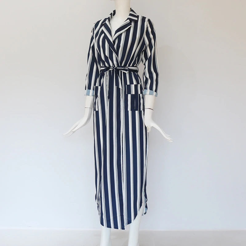 Casual Long Striped Print Dress Shirt With Pockets