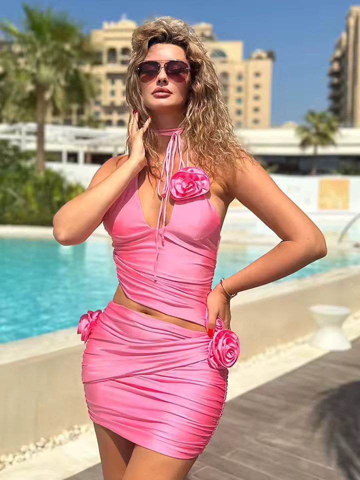 Casual Sheath Pullover Halter 3D Flowers Ruched Mini Dress