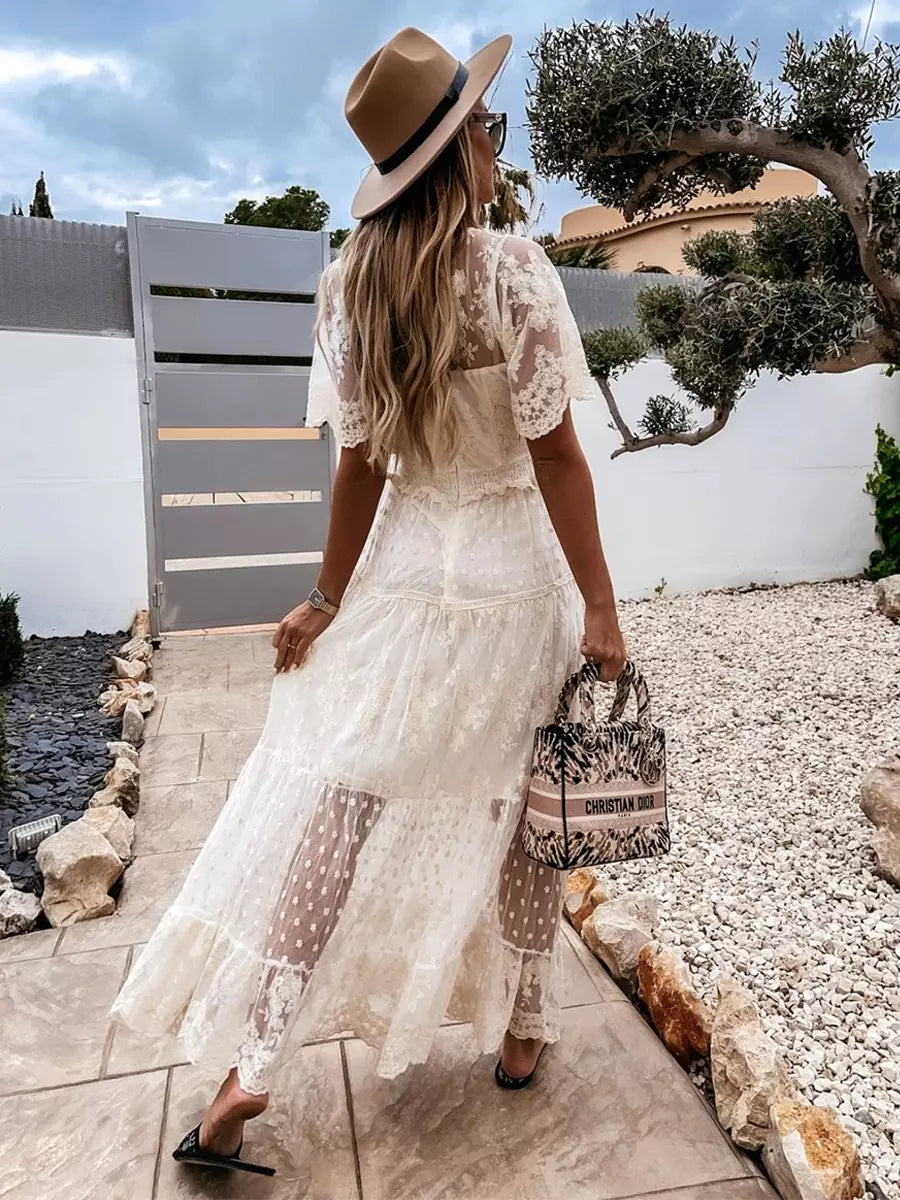 Casual Sheer Layered V-Neckline And Short Sleeves Lace Maxi Dress