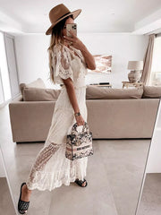 Casual Sheer Layered V-Neckline And Short Sleeves Lace Maxi Dress
