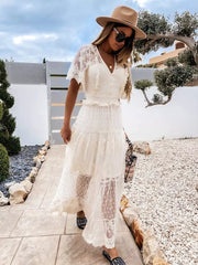 Casual Sheer Layered V-Neckline And Short Sleeves Lace Maxi Dress