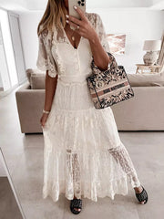 Casual Sheer Layered V-Neckline And Short Sleeves Lace Maxi Dress