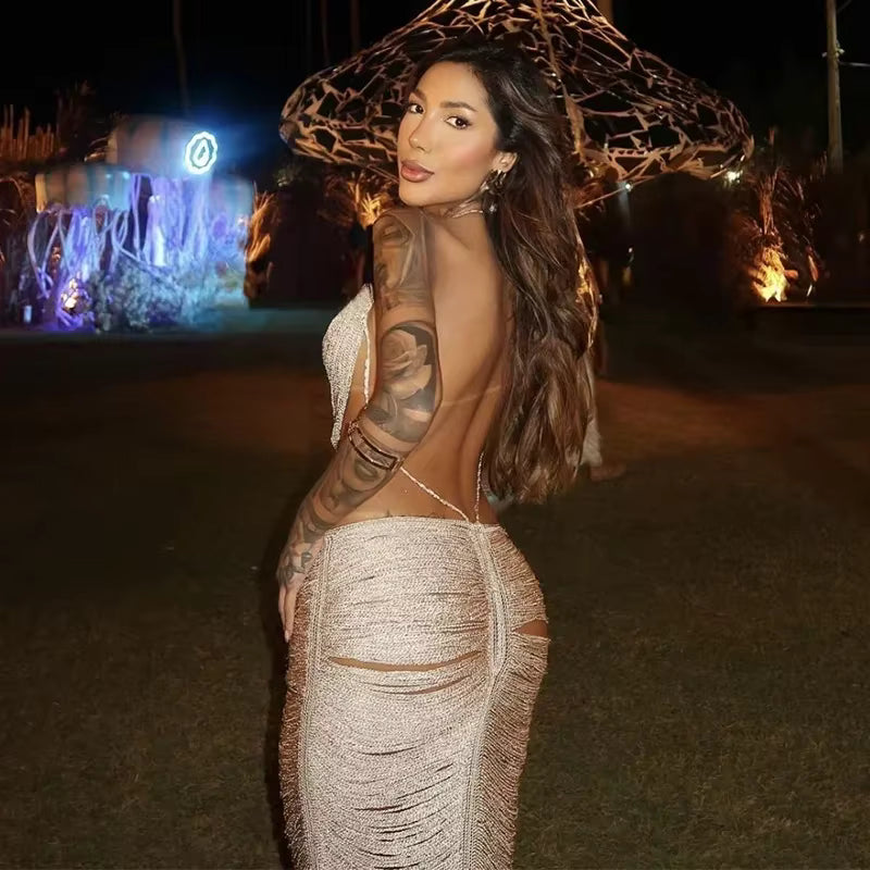 Casual Shell Tassel Halter Hollow Out Sleeveless Backless Long Maxi Dresses