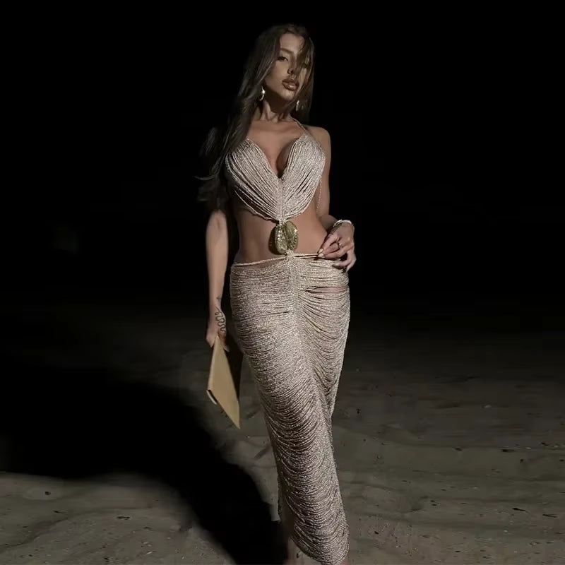 Casual Shell Tassel Halter Hollow Out Sleeveless Backless Long Maxi Dresses