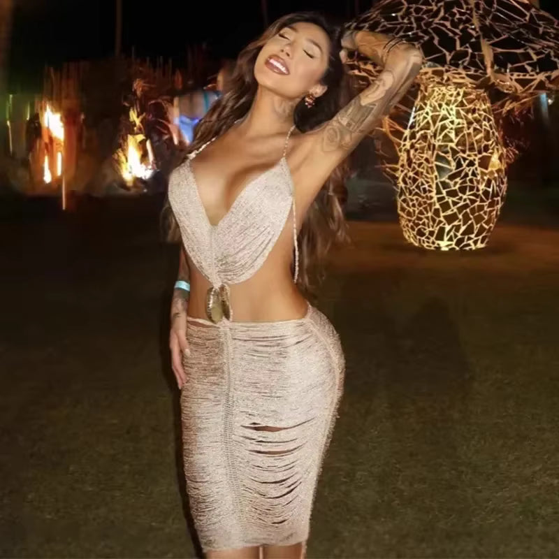 Casual Shell Tassel Halter Hollow Out Sleeveless Backless Long Maxi Dresses