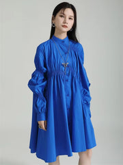 Casual Shirring Pleated Stand Neck Long Sleeve Irregular Loose Shirt Dress