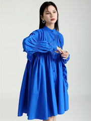 Casual Shirring Pleated Stand Neck Long Sleeve Irregular Loose Shirt Dress