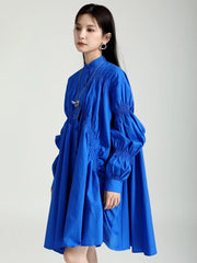 Casual Shirring Pleated Stand Neck Long Sleeve Irregular Loose Shirt Dress
