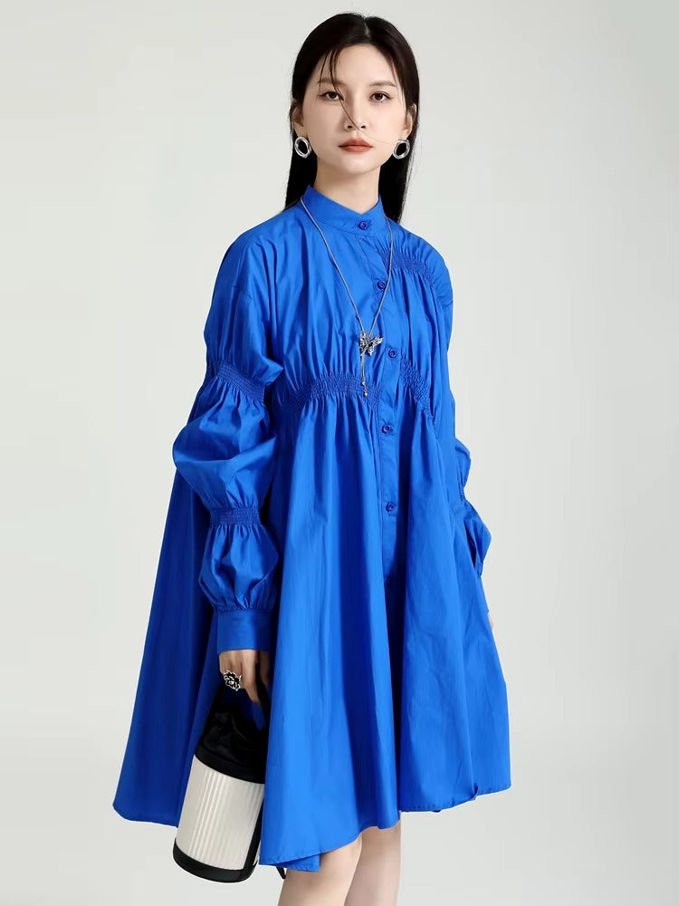 Casual Shirring Pleated Stand Neck Long Sleeve Irregular Loose Shirt Dress