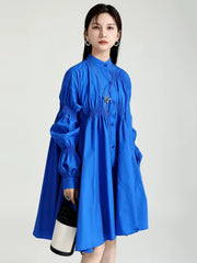 Casual Shirring Pleated Stand Neck Long Sleeve Irregular Loose Shirt Dress
