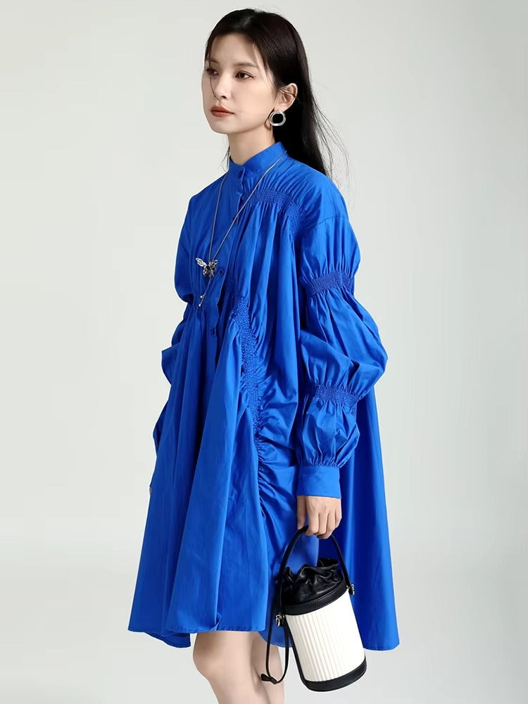 Casual Shirring Pleated Stand Neck Long Sleeve Irregular Loose Shirt Dress