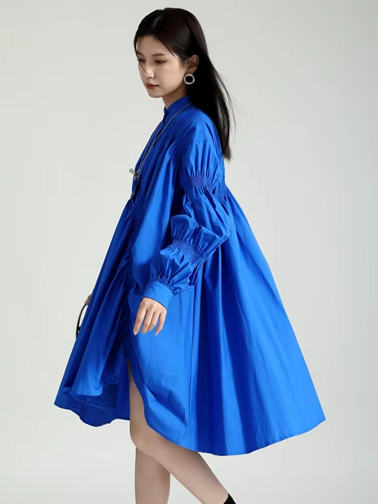 Casual Shirring Pleated Stand Neck Long Sleeve Irregular Loose Shirt Dress
