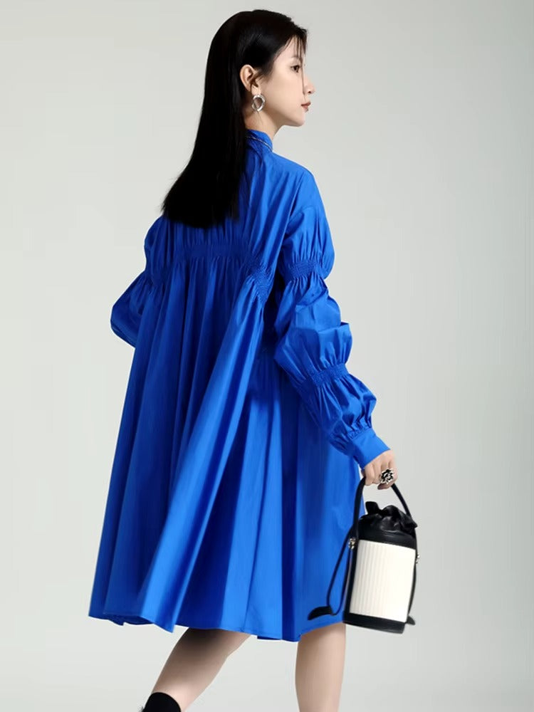 Casual Shirring Pleated Stand Neck Long Sleeve Irregular Loose Shirt Dress