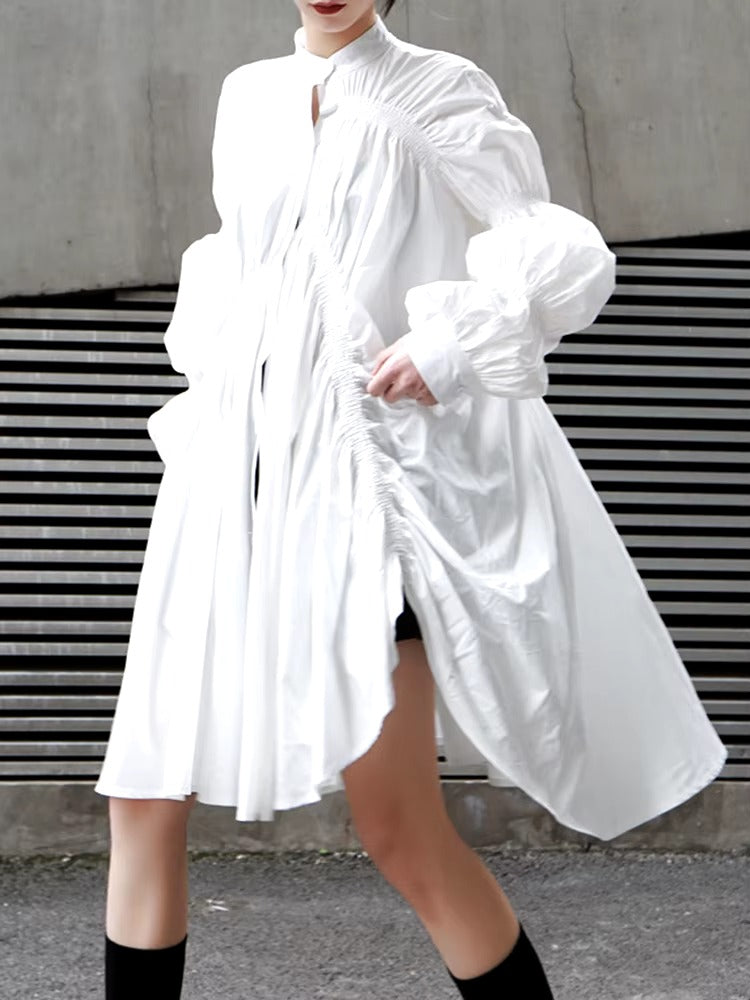 Casual Shirring Pleated Stand Neck Long Sleeve Irregular Loose Shirt Dress