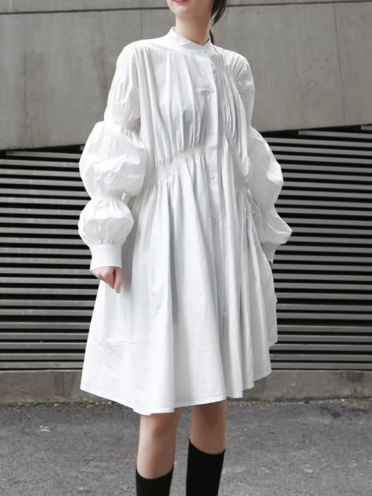 Casual Shirring Pleated Stand Neck Long Sleeve Irregular Loose Shirt Dress
