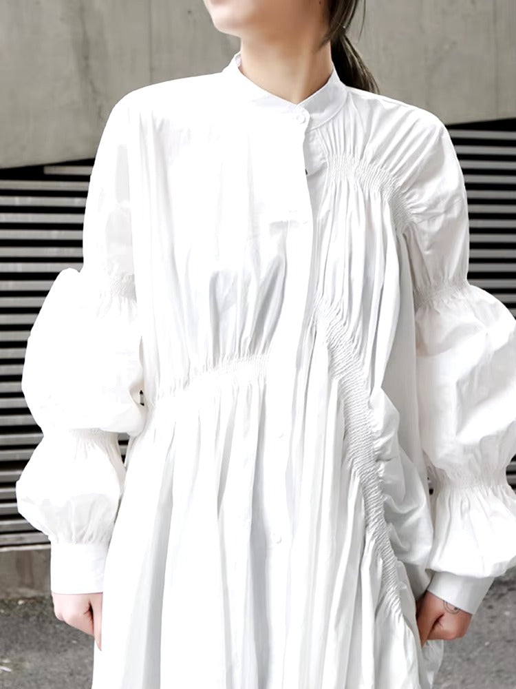 Casual Shirring Pleated Stand Neck Long Sleeve Irregular Loose Shirt Dress