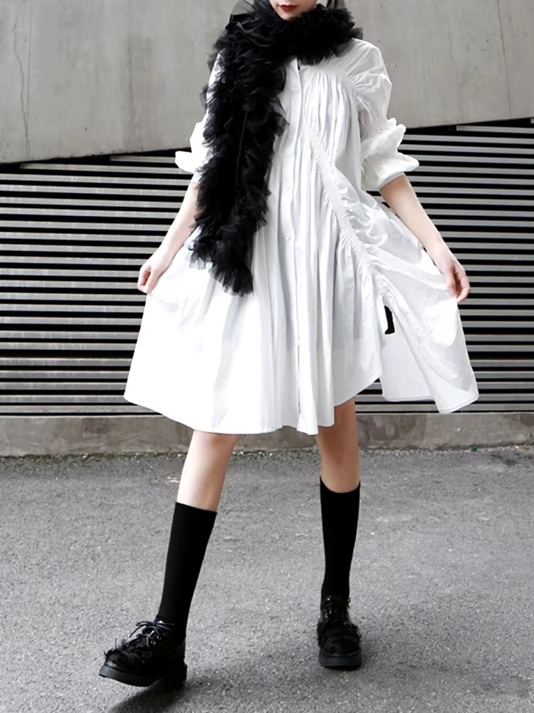 Casual Shirring Pleated Stand Neck Long Sleeve Irregular Loose Shirt Dress