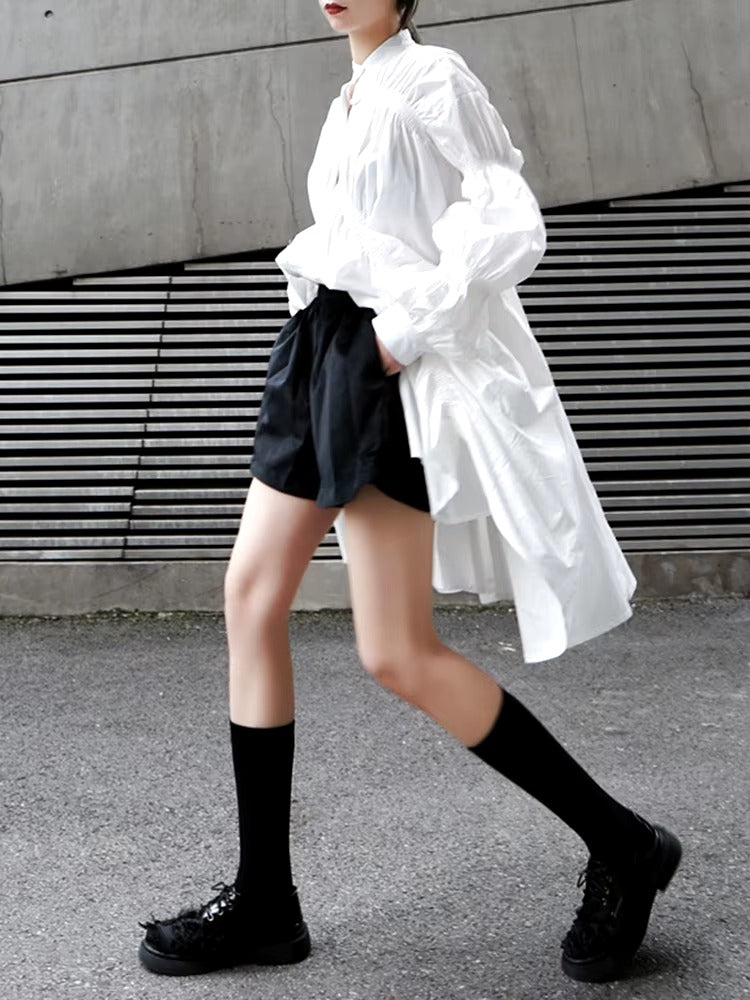 Casual Shirring Pleated Stand Neck Long Sleeve Irregular Loose Shirt Dress