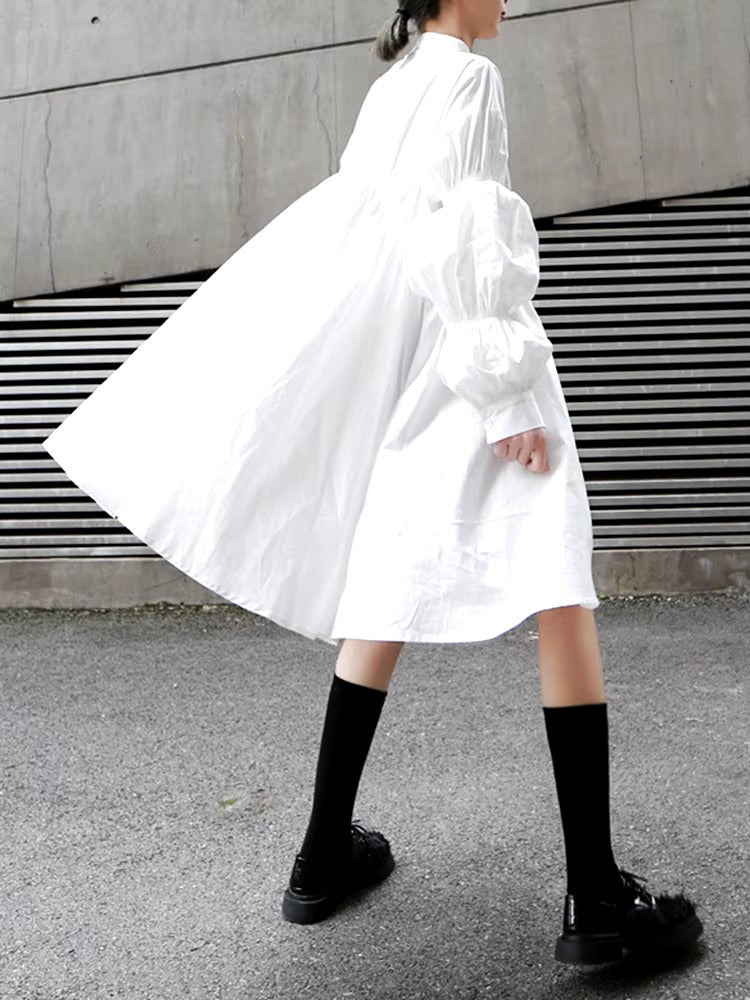 Casual Shirring Pleated Stand Neck Long Sleeve Irregular Loose Shirt Dress