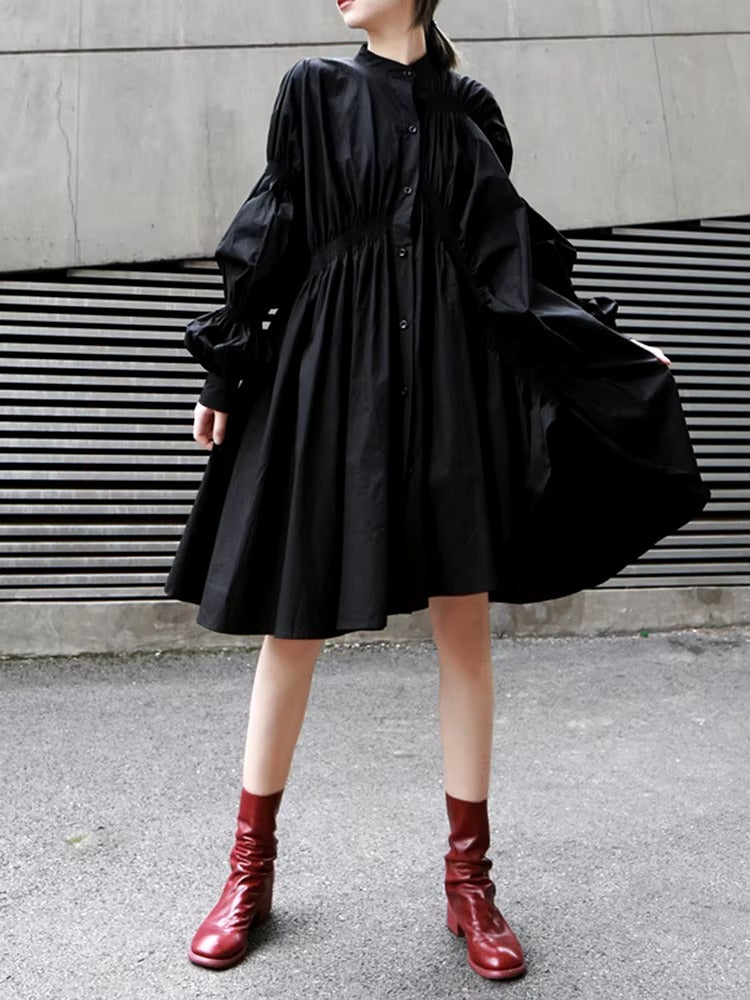 Casual Shirring Pleated Stand Neck Long Sleeve Irregular Loose Shirt Dress