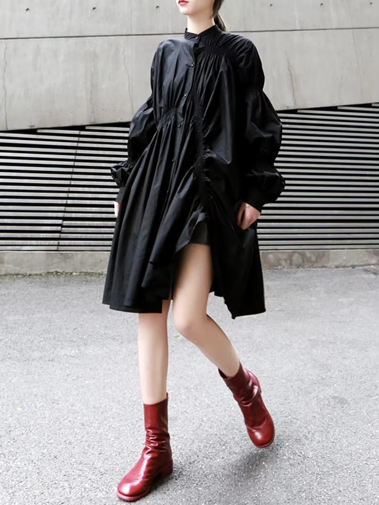Casual Shirring Pleated Stand Neck Long Sleeve Irregular Loose Shirt Dress